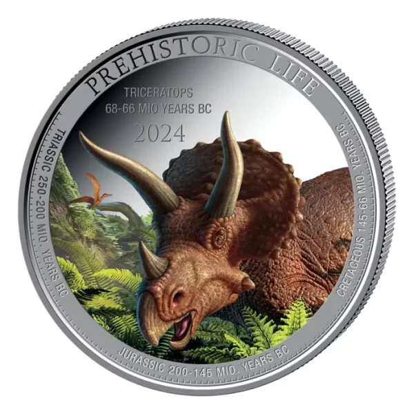 Triceratops Prehistoric Life 1 uncja srebra 2024 Kolorowany
